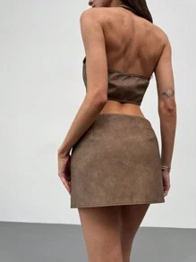 Aloruh مجموعة 2 قطعة من ملابس علوية سادة اللون والتنورة القصيرة المزينة برينستون للمرأة - بني - مشاهدة 2