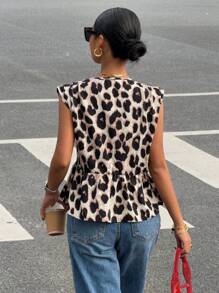 SHEIN Essnce Áo sơ mi không tay buộc vạt trước họa tiết da báo có viền xếp nếp in hình động vật dành cho nữ - Nhiều màu - Xem 2