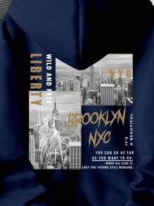 青少年男童标语印花休闲长袖卫衣，秋冬季 - 藏蓝色 - 查看 7