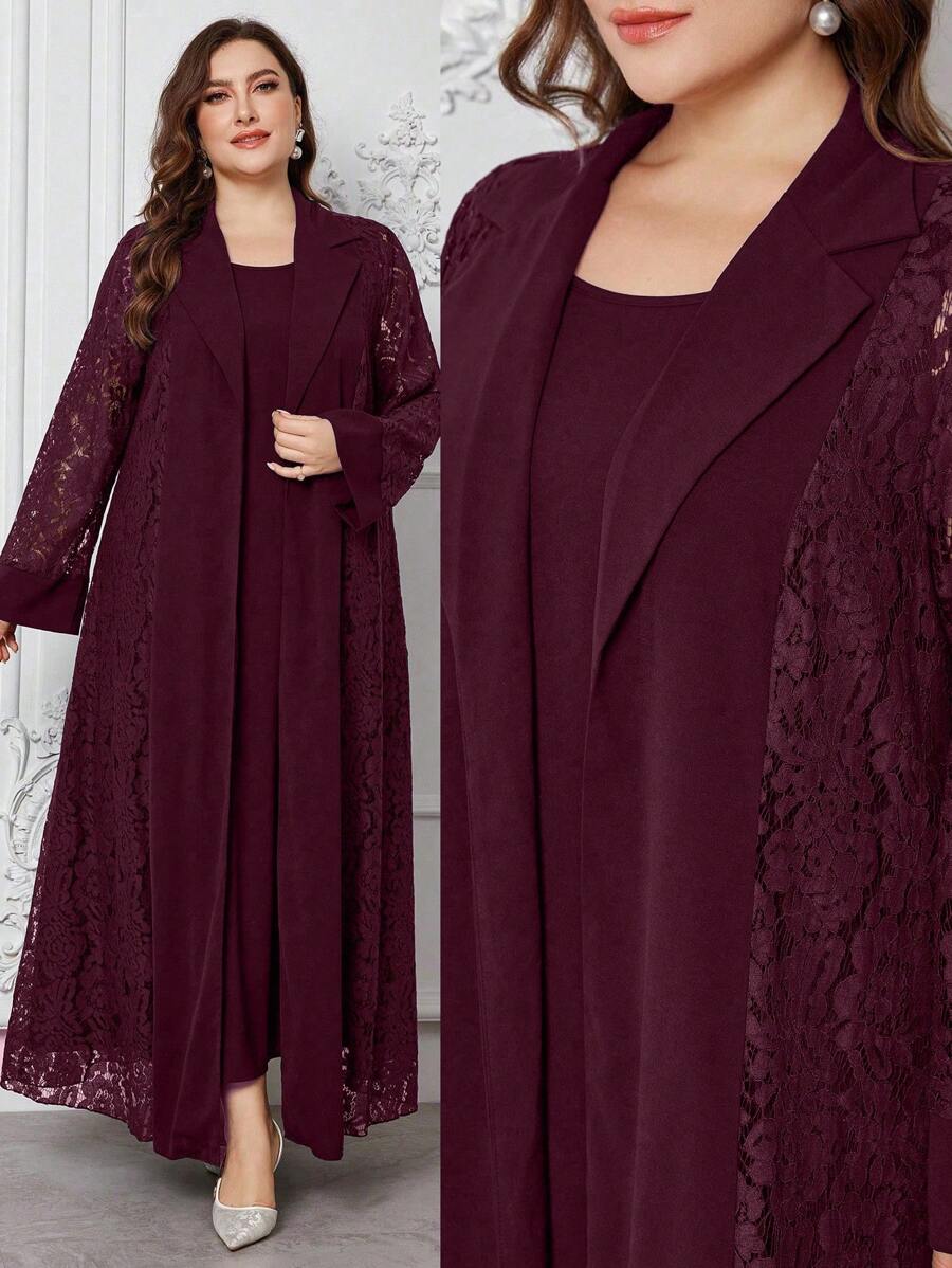 Modelyn 2pcs/Set Lace Patchwork Woven Loose Casual Plus Size Set - Burgundy - View 1