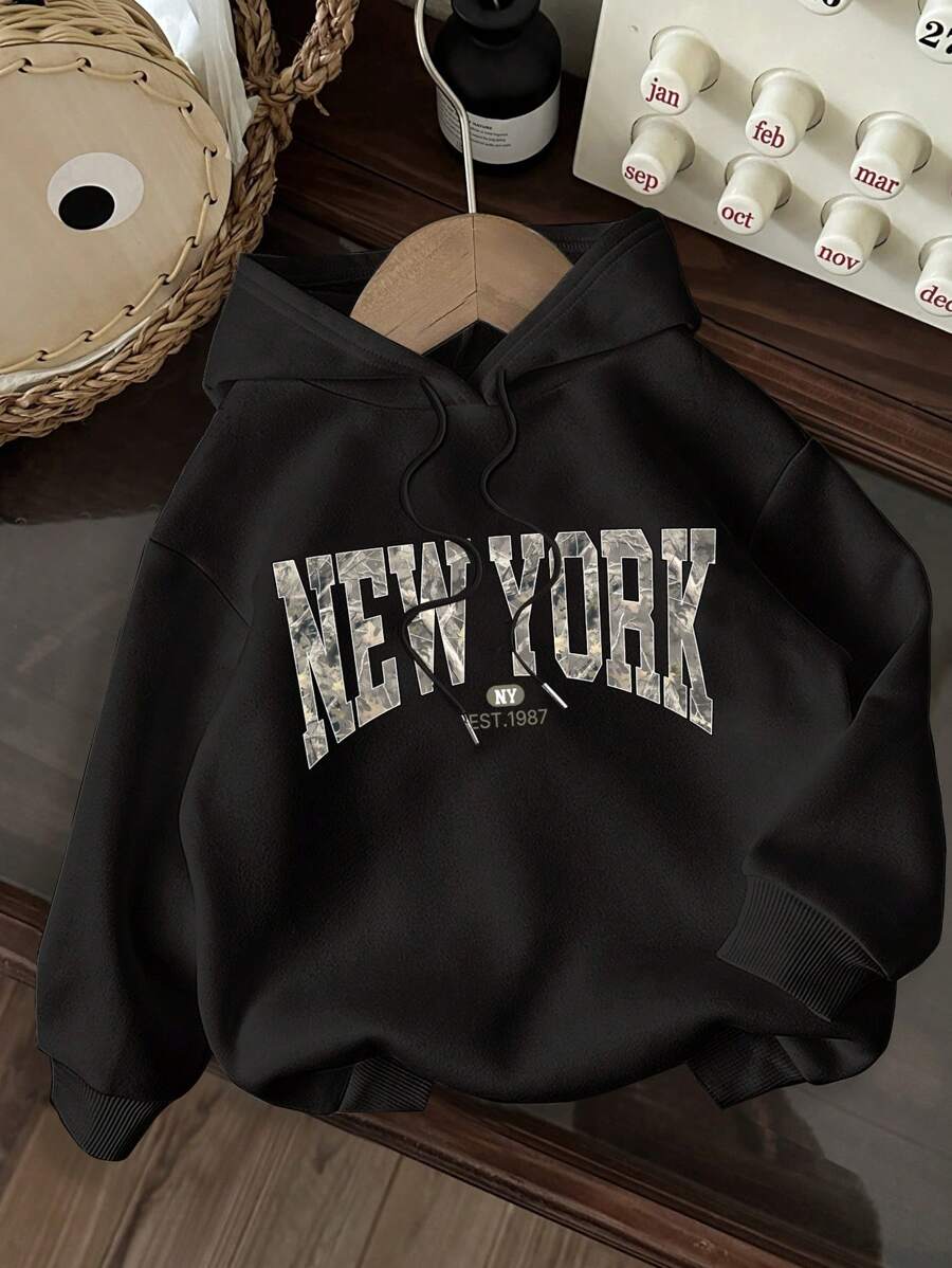 SHEIN EZwear 女式休闲简约纽约英文字体印花宽松连帽衫 - 黑色 - 查看 1