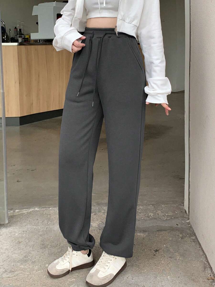 DAZY 女士纯色保暖内衬厚款休闲运动裤，百搭，四季皆宜 - 灰色 - 查看 1