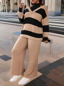 Calvaya Plus Size Striped Simple Knit Sweater And Pants Casual Suit, For Winter - Khaki - View 4