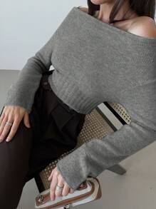 Aloruh Grey Young Off Shoulder Long Sleeve Tight Cropped Fitted Women Sweater - Grey - View 5
