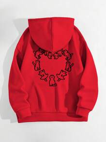 INAWLY Women Cute Cat Heart Graphic Print Pullover Red Hoodie Sweatshirt, Casual Hooded Top For Autumn/Winter