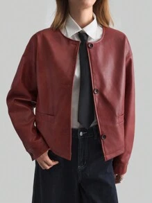 Ontre 2pcs Women's Apparel New Style Spring Valentine's Day Round Neck Long Sleeve Angola Red All-Match Round Neck Long Sleeve Cropped PU Material Jacket All-Match Casual Wear - Burgundy - View 4