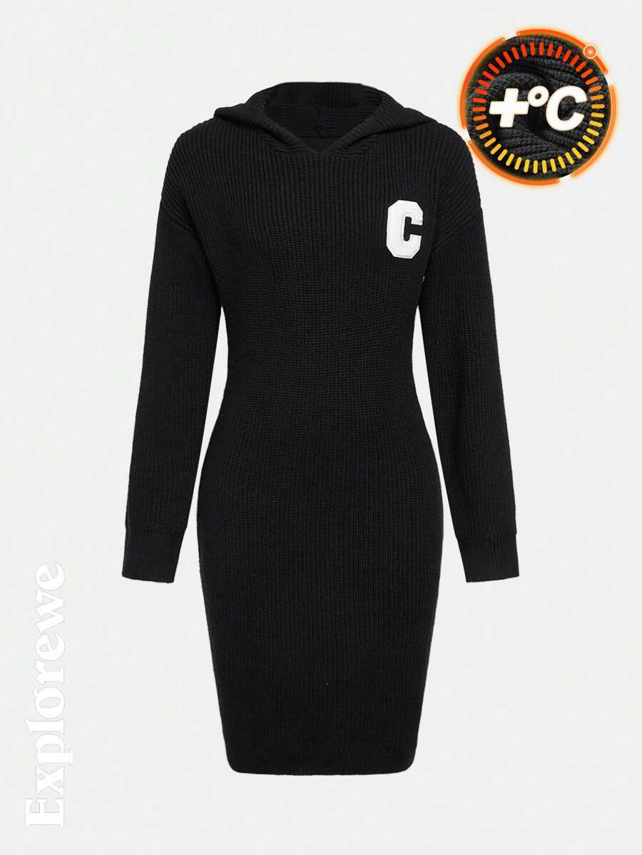 SHEIN 1 Stück Teenager Mädchen City Lässig Stil vielseitiges gemütliches gestricktes Kapuzenkleid mit langen Ärmeln und enger Taille, geeignet für urbanen Straßenstil, Ausgänge, Alltagskleidung, Partys, Schule und andere Anlässe, Herbst/Winter