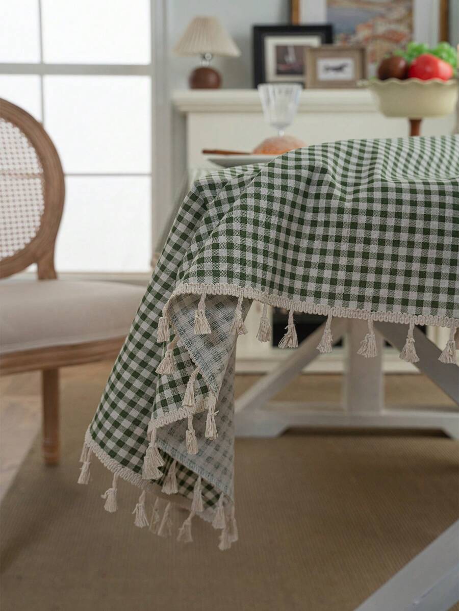 1pc Dual-Color Plaid Printed Green Tablecloth, Bohemian Fresh Style For Dining Table, Suitable For Hotel, Restaurant, Bedroom, Living Room, Party, Outdoor Gathering, Holiday Decor,Fall Decor,Autumn Decor,Room Decor