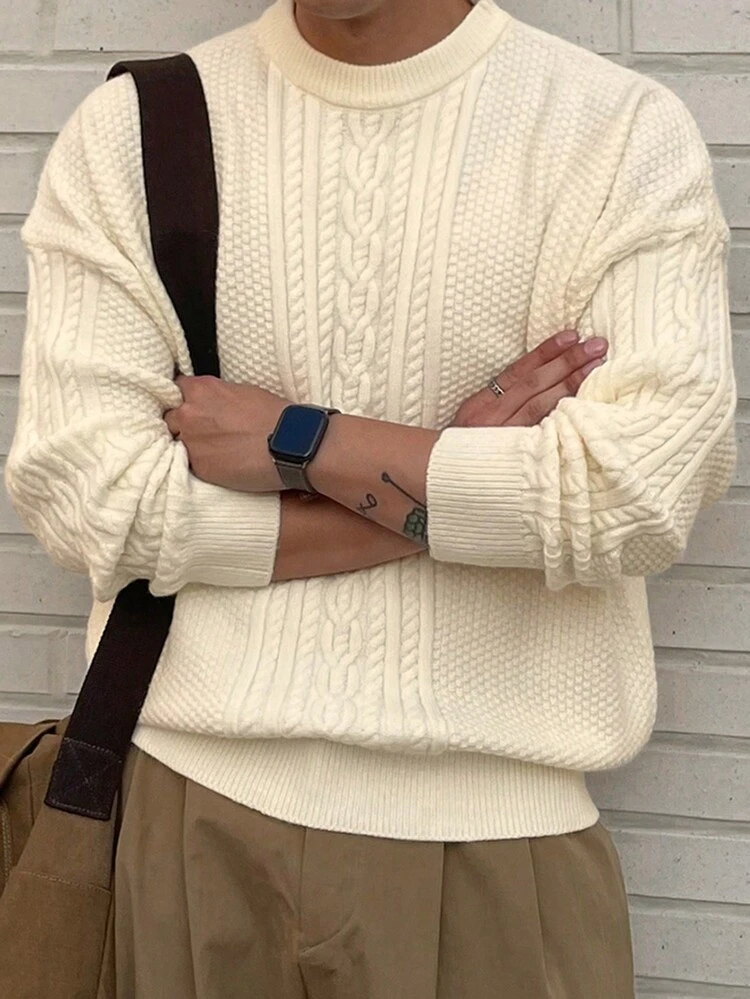 Men's Asymmetrical Twist Cable Cable Knit Sweater, White,Fall Clothes