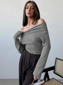 Aloruh Grey Young Off Shoulder Long Sleeve Tight Cropped Fitted Women Sweater - Grey - View 3