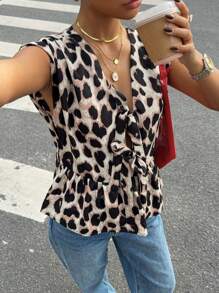 SHEIN Essnce Áo sơ mi không tay buộc vạt trước họa tiết da báo có viền xếp nếp in hình động vật dành cho nữ - Nhiều màu - Xem 6