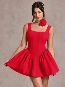 SHEIN BAE 纯色粉色性感简约浪漫露背蝴蝶结装饰喇叭裙女式迷你连衣裙，适合毕业派对、正式场合、鸡尾酒会、浪漫约会、秋冬打底连衣裙、派对、夜总会聚会、正式会议、伴娘服、夜间外出服、万圣节服、圣诞节服 - 紅色 - 查看 6