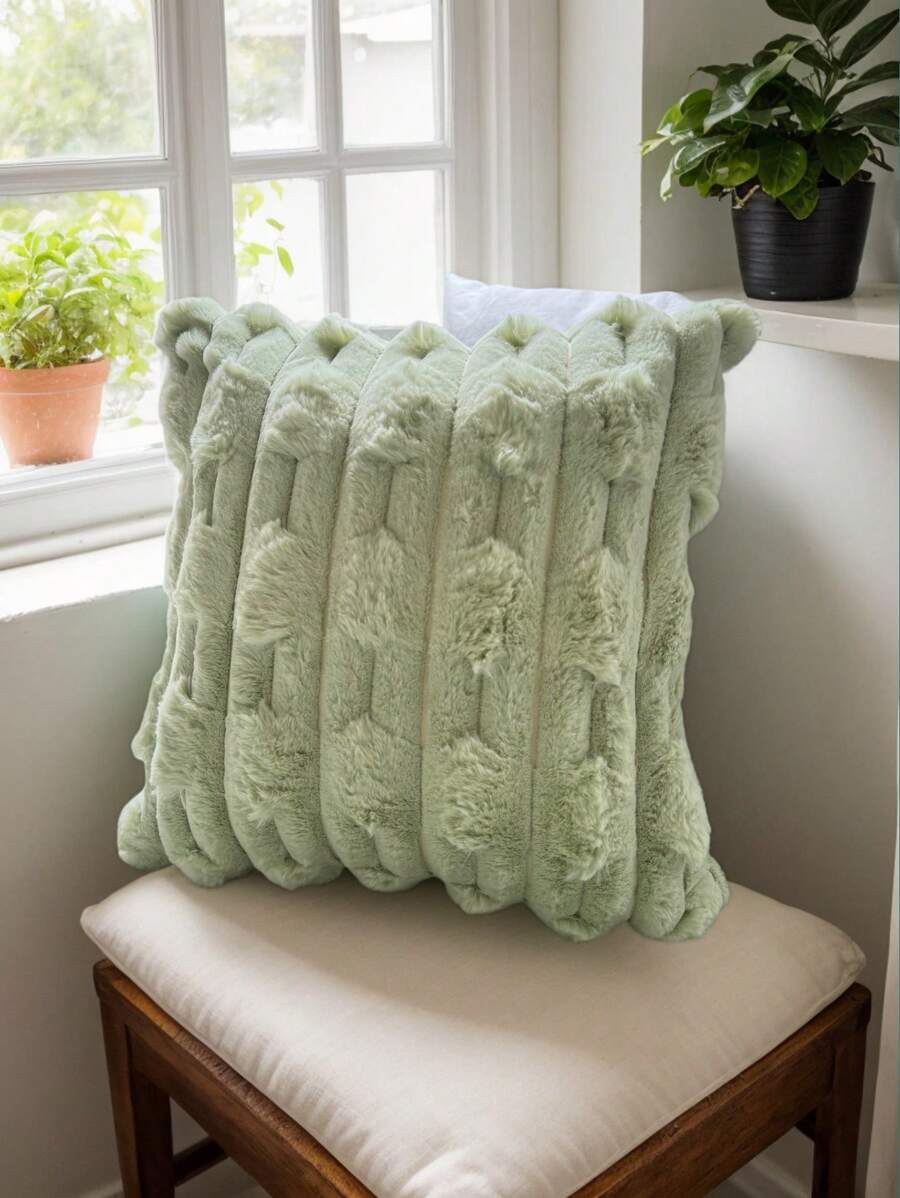 1pc Luxury Faux Fur Pillow Case, No Filling, Soft, Fluffy And Striped, 18x18 Inch - Machine Washable, Zippered, Square, For Sofa, Couch, Living Room Decor, Modern Style - Pastel Green - View 1