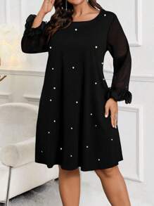 SHEIN Clasi Plus Size Casual Dress With Mesh Patchwork, Long Sleeve, Faux Pearl Decor