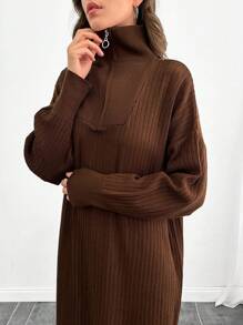 SHEIN Tall Long Sweater Dresses With Zipper Details - Brown - View 5