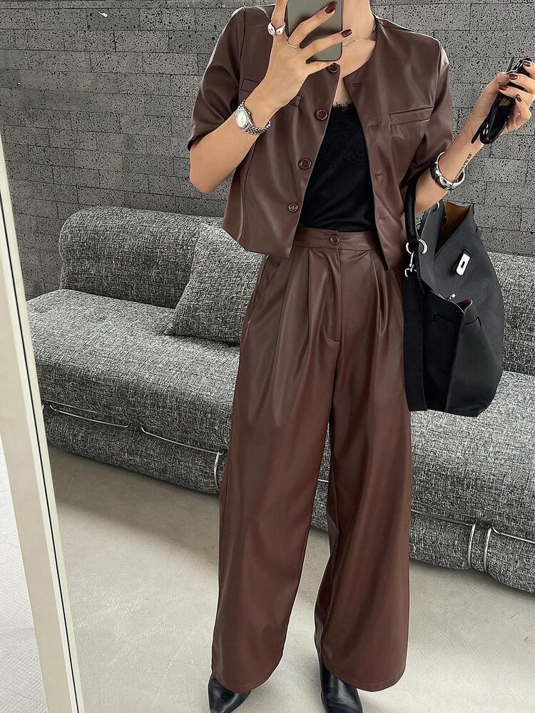 2pcs/Set Women's Solid Color PU Leather Jacket & Wide Leg Pants