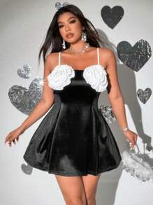 Viva Relle Plus Size Women 3D Floral Decor Satin Waist Strap Dress,Valentine