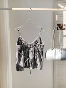 Comfortcana Women's Black & White Plaid V-Neck Ruffle Camisole