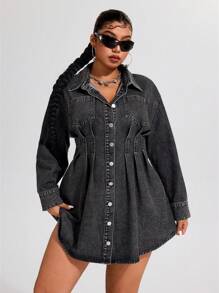 SHEIN ICON 大码休闲破洞褶饰前扣牛仔连衣裙 - 黑色 - 查看 4