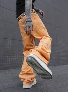 Manfinity EMRG Men's Pocket Heart Distressed Simple Casual Jeans, Everyday Wear - Orange - View 6