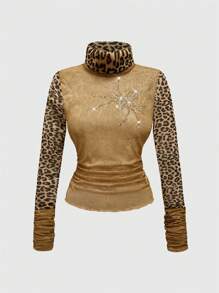 ROMWE J-Fashion Y2K Gyaru Sexy Lace Leopard Print Sheer Spider Rhinestone Decor Tight Cropped Top For Women - Khaki - View 1