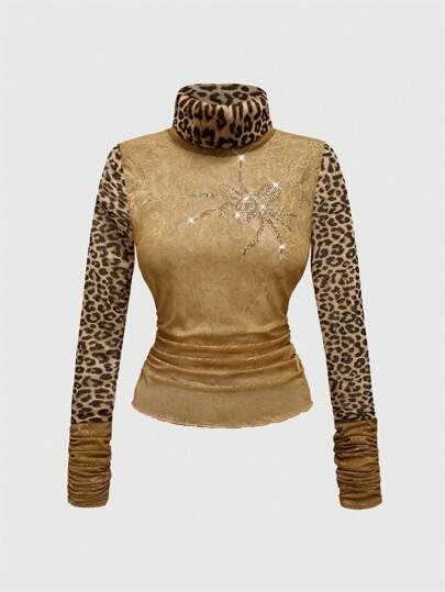 J-Fashion Top court resserré pour femmes avec décoration en strass de dentelle léopard transparent de style Gyaru sexy Y2K