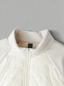 SHEIN BASICS 女式平纹编织拉链立领长袖夹克，秋冬款 - 杏色 - 查看 3