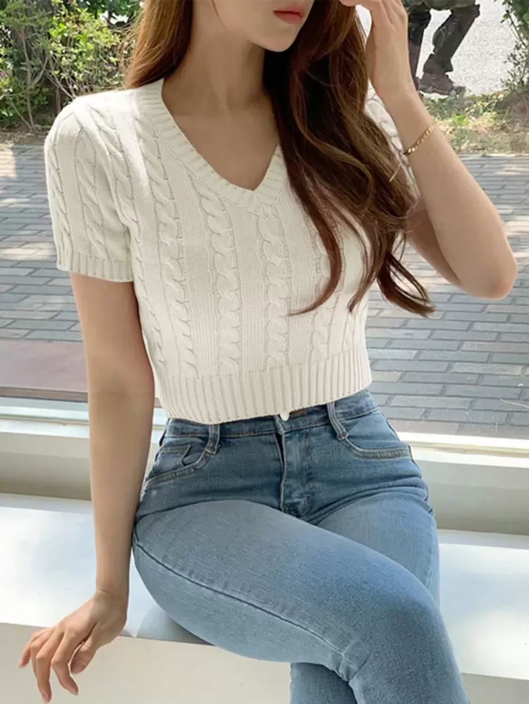 Women V-Neck Cropped Short Sleeve Textured Knit Sweater, Spring/Summer