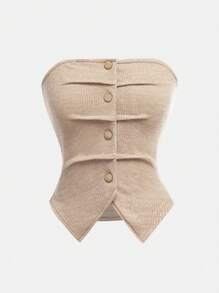 SHEIN Girlism 少女杏色针织抹胸带纽扣，腰部褶皱不对称下摆露背吊带背心和宽松阔腿裤两件套，休闲简约 - 駝色 - 查看 5