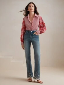 Anewsta Spring/Summer New Arrival Loose Casual Red & White Striped Patchwork Embroidered Shirt - Multicolor - View 7