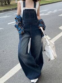 DAZY 女款宽松口袋阔腿牛仔背带裤