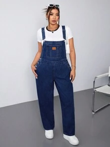 SHEIN ICON Plus Size Casual Washed Simple Denim Bib Overalls - Dark Wash - View 1