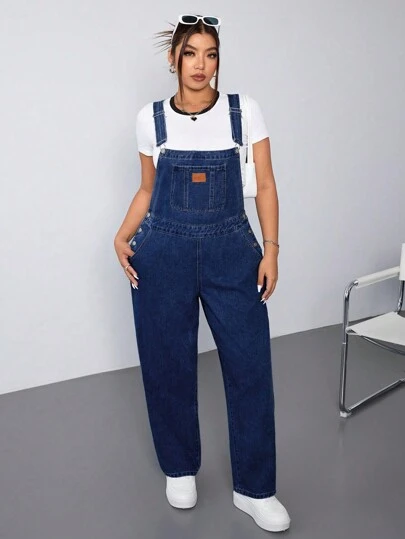 SHEIN ICON Plus Size Casual Washed Simple Denim Bib Overalls