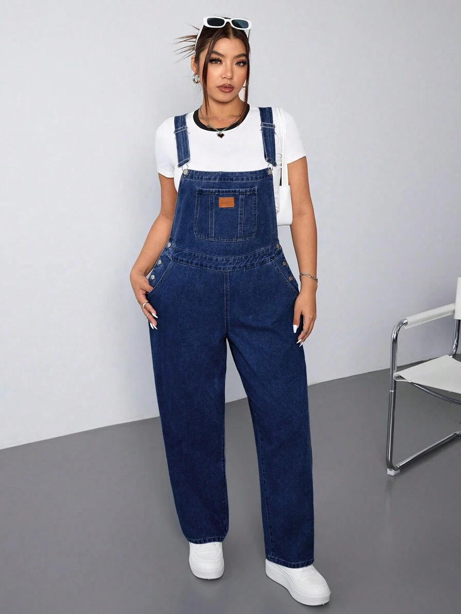 SHEIN ICON Plus Size Casual Washed Simple Denim Bib Overalls - Dark Wash - View 1