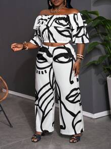 Slaydiva 2pcs Set: Plus Size Women Abstract Figure Print Off Shoulder Ruffle Hem Blouse & Wide-Leg Pants Casual Suit