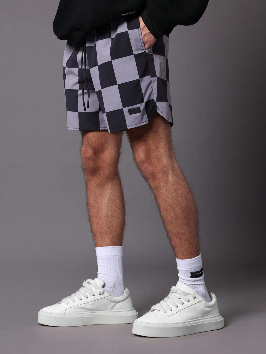 SUMWON Checkerboard Pattern Nylon Summer Shorts Athletic Skater Style Drawstring Waist Casual Streetwear Festival Wide Leg Relaxed Fit Beach Shorts - Black - View 1