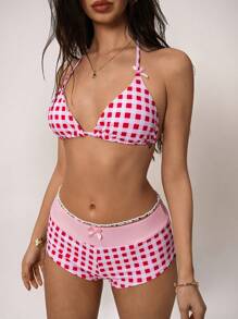 Forever 21 2025 女士格纹露背系带性感比基尼泳装套装，适合海滩度假，适合夏季海滩度假 - 粉色 - 查看 6