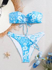 Conjunto de 2 piezas de bikini para mujer con flores pequeñas de contraste, escote sin tirantes, cordón y asimétrico, con tirantes desmontables, adecuado para vacaciones, salidas y fiestas