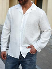 Manfinity Homme Plus Size Solid Front Button Long Sleeve Simple Casual Tops - White - View 7