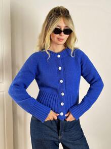 Forever 21 Autumn/Winter New Round Neck Blue Long Sleeve Knitted Warm Cardigan, Suitable For Christmas And Back To School
