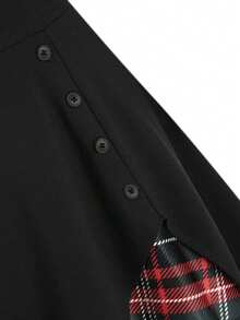 Large Casual Style Elegant Solid Color Grid Splicing Double Breasted Mid Waist A-Line Hem Swing Skirt - Multicolor - View 4