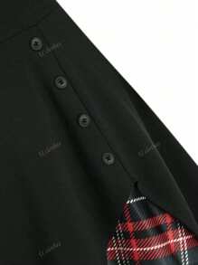 Gonna ampia a vita media elegante stile casual a quadri con chiusura doppio petto e orlo a trapezio