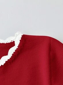 SHEIN Clasi 优雅撞色钩针女式针织毛衣裙，修身百搭，秋冬 - 紅色 - 查看 4