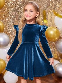 SHEIN Vestido de terciopelo de unicolor con volantes para niña, vestido de manga larga elegante tipo pastel, ideal para uso casual y diario, y para el colegio en otoño e invierno, para Navidad, vacaciones, combinado madre e hija, color verde, para Navidad, uso en fiestas, vestido de cumpleaños, vestido de princesa