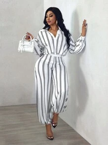 BamGleam BamGlam 2 món/Bộ: Áo sơ mi kẻ sọc thường ngày cổ rộng + Quần dài lưng thun rộng Quần áo mùa đông cho nữ Trang phục mùa đông cho nữ - Đen và trắng - Xem 1