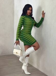 Zolique 全新橄榄绿色毛衣裙，修身性感翻领纽扣几何图案长袖中长针织连衣裙
