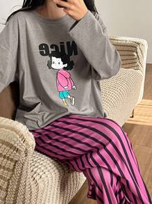 DAZY Spring Cute Cartoon Print Top & Striped Loose Pajama Pants Set - Grey - View 3