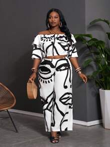 Slaydiva 2pcs Set: Plus Size Women Abstract Figure Print Off Shoulder Ruffle Hem Blouse & Wide-Leg Pants Casual Suit