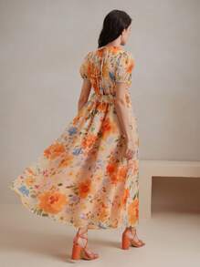 Anewsta Váy họa tiết hoa mùa hè cho nữ, tay ngắn, xếp nếp eo xếp tầng, trang phục nghỉ dưỡng sang trọng thanh lịch - trái cam - Xem 2