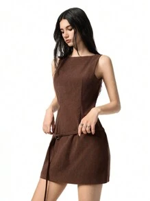 LYSMO Casual Solid Color Corduroy Sleeveless Mini Dress, Autumn/Winter